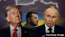 Зьлева направа: прэзыдэнт ЗША Дональд Трамп, прэзыдэнт Украіны Ўладзімір Зяленскі і прэзыдэнт Расеі Ўладзімір Пуцін, каляж