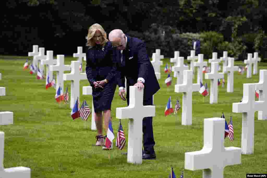 The Bidens visit graves at the Normandy American Cemetery after a ceremony to mark the 80th anniversary of D-Day.