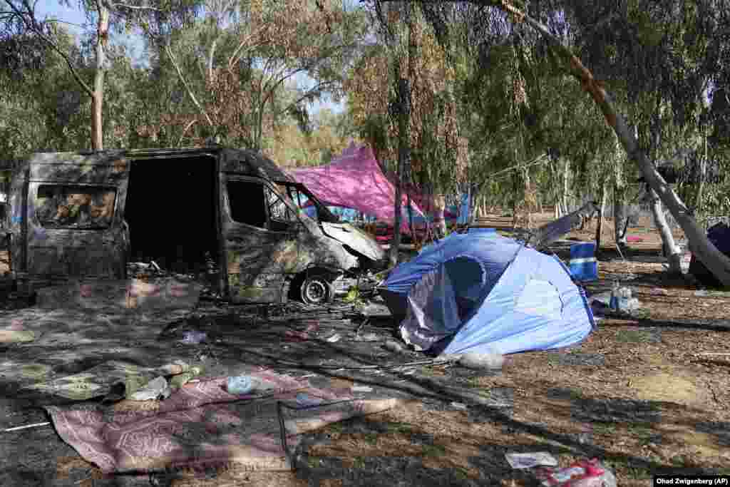 The site of a music festival near the border with the Gaza Strip in southern Israel on October 12, 2023. Israeli officials say victim testimonies and evidence gathered by rights groups indicate that Hamas extremists carried out widespread sexual and gender-based crimes during their attack in southern Israel. 