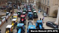 Polish farmers block a street during their protest in Szczecin, northwest Poland, on April 3.