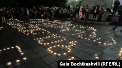 Georgians gather in Tbilisi on May 4 for an Easter vigil, with many shouting, "No to the Russian law."
