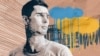 Богдан Зіза на тлі будівлі, облитої блакитною та жовтою фарбами. Колаж