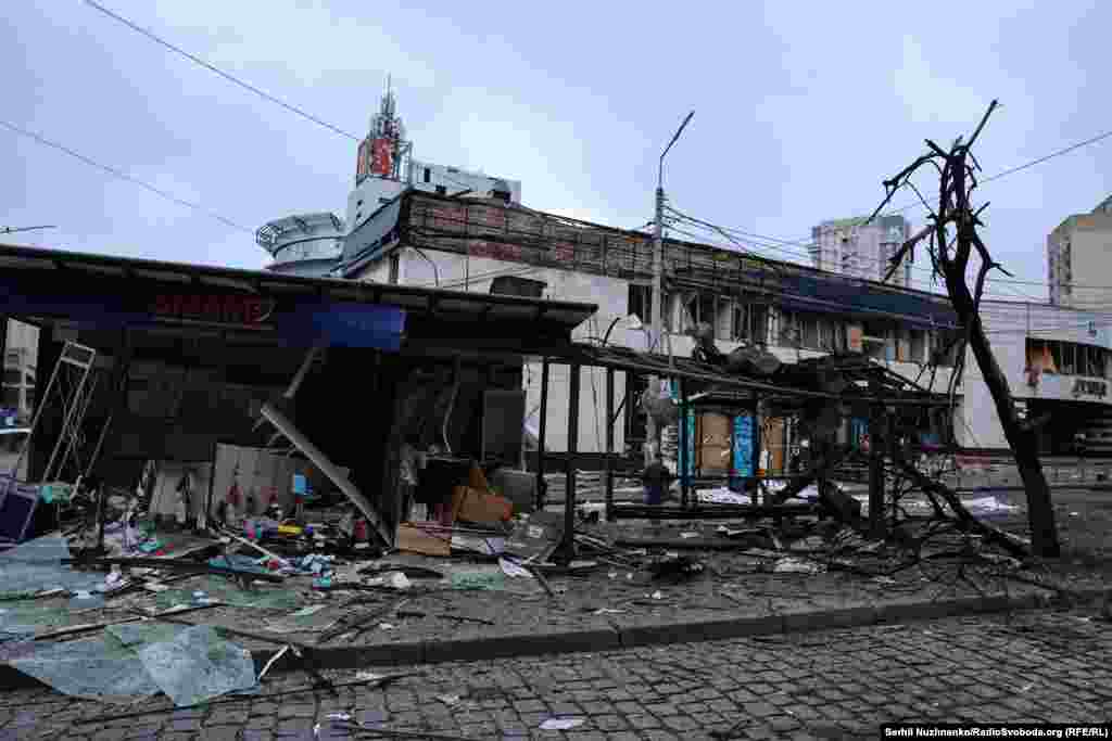 A structure near the Lukyanivska underground station that was destroyed in the July 21 drone attack.The station was previously damaged in strikes on March 15, 2022, December 29, 2023, July 8, 2024, January 18, 2025, when three people were killed by a ballistic missile strike outside the metro, and April 24, 2025.