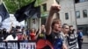 Vyacheslav Martynov (with arm raised), an organizer of the March for the Federalization of Kuban, has been actively involved in the local pro-democracy movement in Kharkiv.