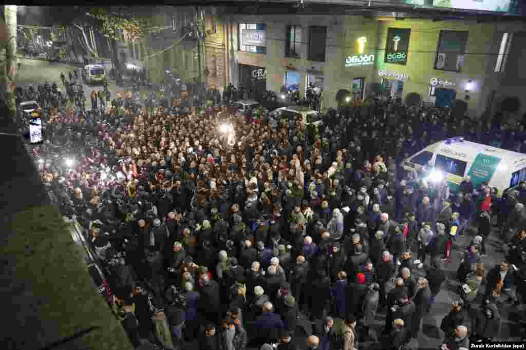 Anti-LGBT protestors rally in front of the Amirani Cinema in the Georgian capital. 